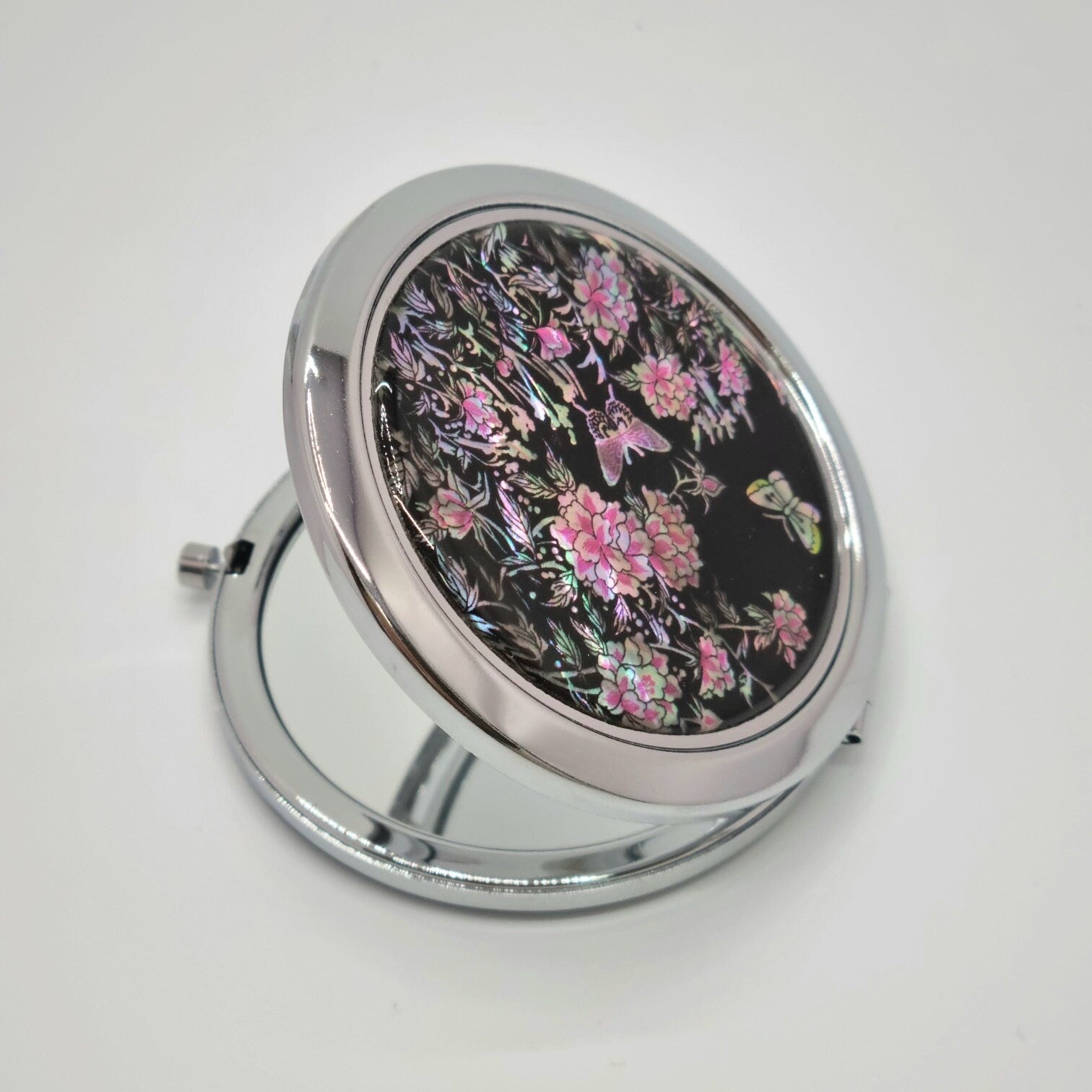 Korean traditional mother of pearl peony butterfly hand mirror