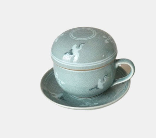 Korean celadon crane tea cup & coaster set