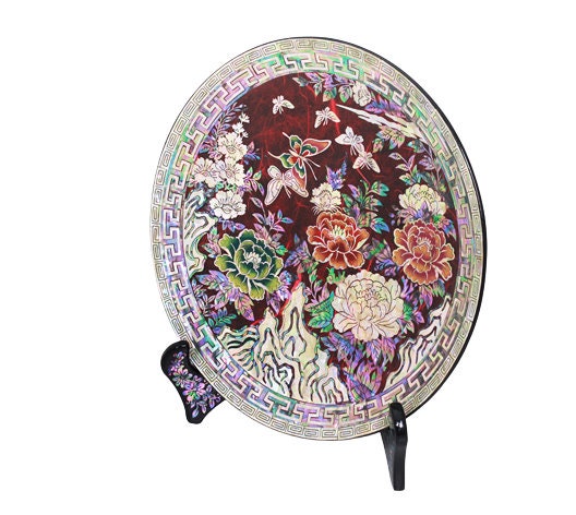 Korean mother of pearl peony butterfly red plate