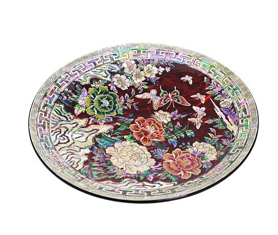 Korean mother of pearl peony butterfly red plate