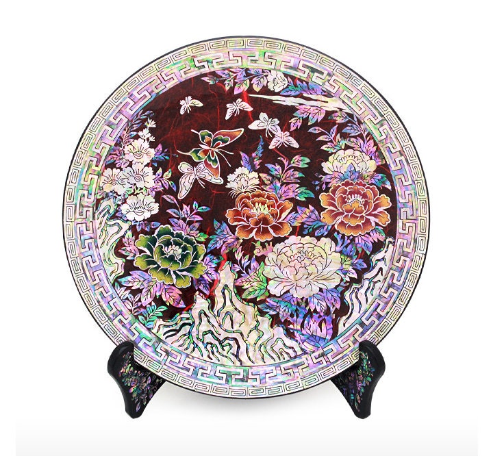 Korean mother of pearl peony butterfly red plate