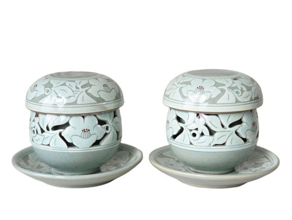 Premium celadon double openwork tea cup