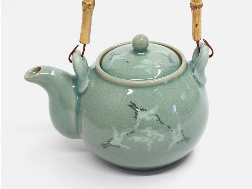 Korean traditional bamboo handle celadon teapot kettle