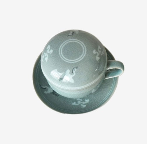 Korean celadon crane tea cup & coaster set