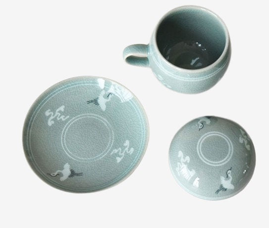 Korean celadon crane tea cup & coaster set