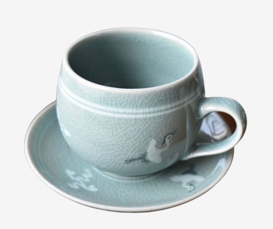 Korean celadon crane tea cup & coaster set