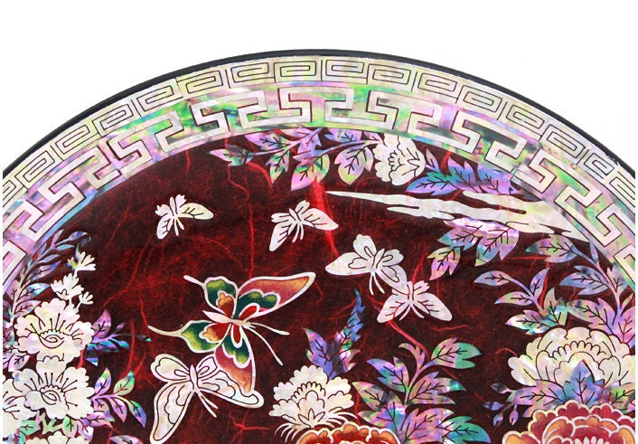 Korean mother of pearl peony butterfly red plate