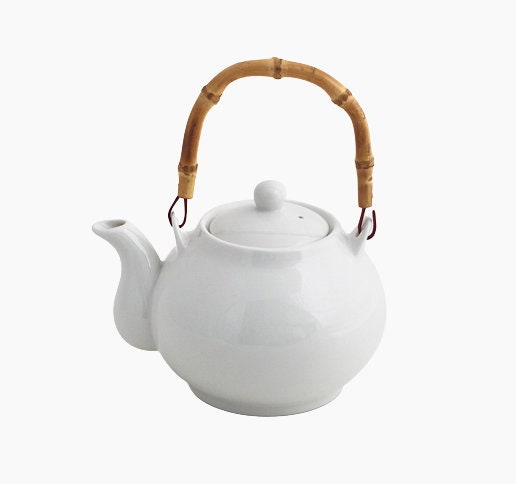 Korean traditional white porcelain teapot bamboo handle kettle