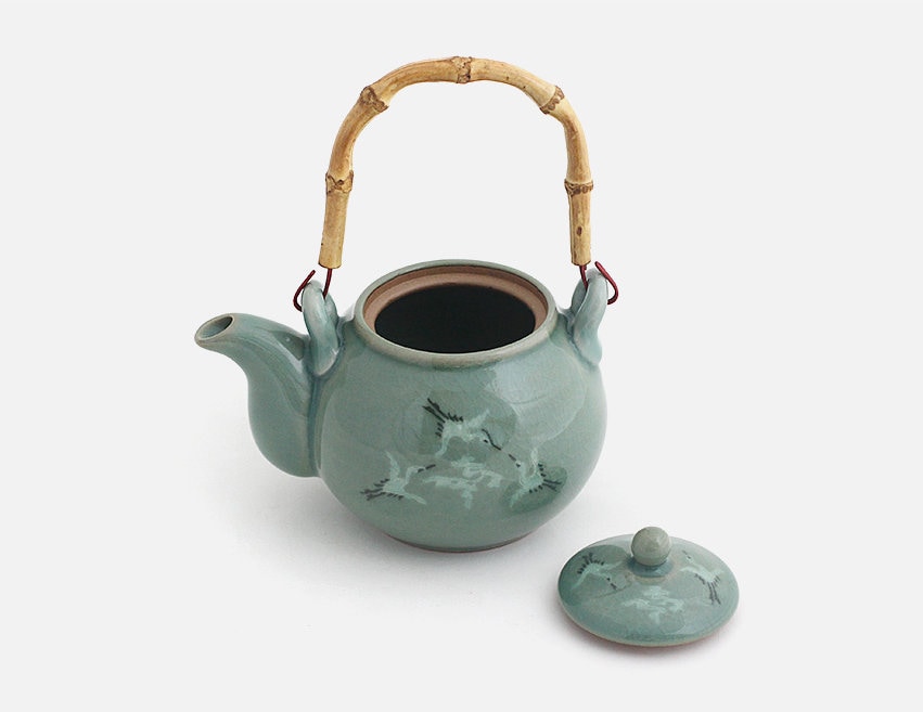 Korean traditional bamboo handle celadon teapot kettle