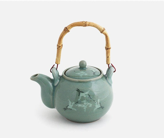 Korean traditional bamboo handle celadon teapot kettle