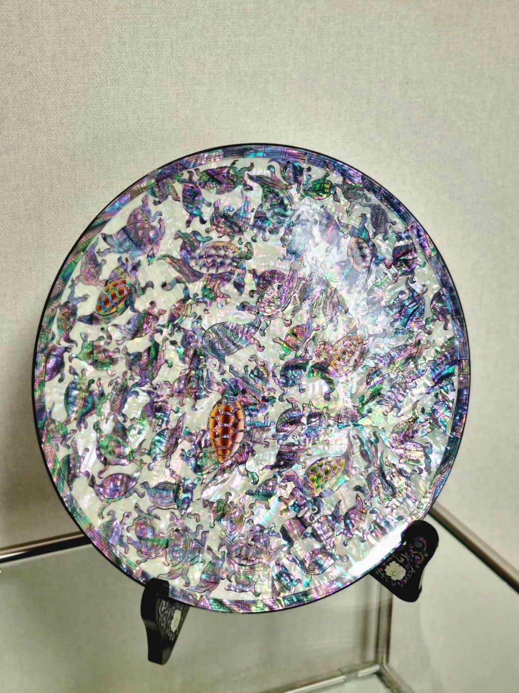 Korean traditional mother of pearl turtles handmade plate